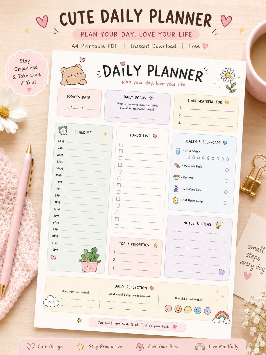 Free Cute Daily Planner Printable PDF (A4) | Daily Schedule, To-Do List & Habit Tracker | 31 pages printable — PDF download